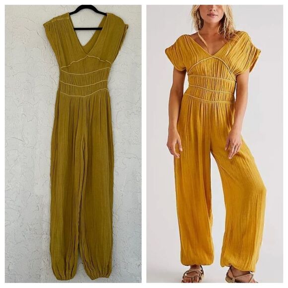 FREE PEOPLE Jen’s Private Booty Olivia Jumpsuit Size Small Gauzy Boho Yellow - Picture 1 of 13